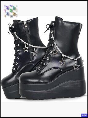 Chunky Platform Ankle Boots with Side Zip Lace Up Wedge Heel Punk Goth Shoes